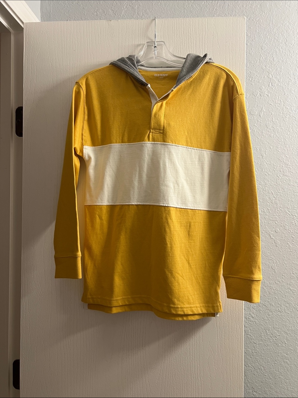 Old Navy Yellow Hooded Rugby with White Chest Stripe